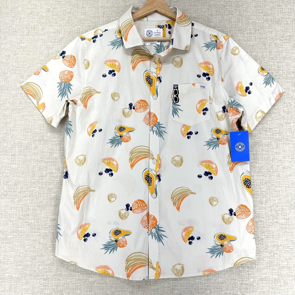 Hurley Shirt Mens Large Off White Fruit Print Short Sleeve Button Up Stretch